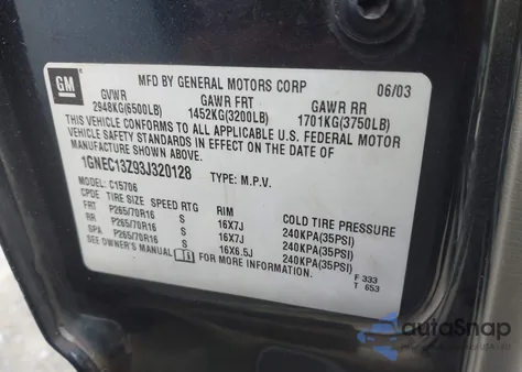 2003 Chevrolet Tahoe Ls из США, поврежденный, VIN 1GNEC13Z93J320128